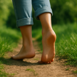 Picioare desculțe pe iarbă, cu silueta unei persoane care își menține echilibrul pe o potecă naturală.