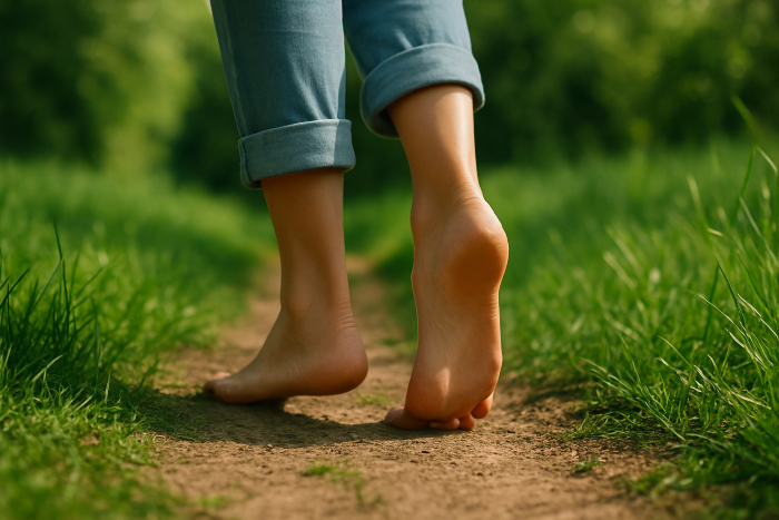 Picioare desculțe pe iarbă, cu silueta unei persoane care își menține echilibrul pe o potecă naturală.