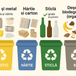 Imagine cu pubele inscriptionate pentru reciclare selectiva: plastic, hartie, sticla si biodegradabile