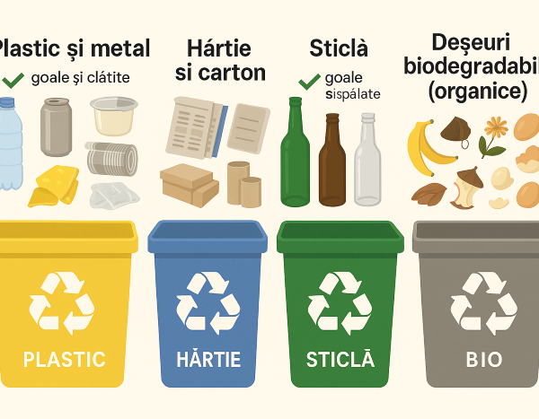 Imagine cu pubele inscriptionate pentru reciclare selectiva: plastic, hartie, sticla si biodegradabile