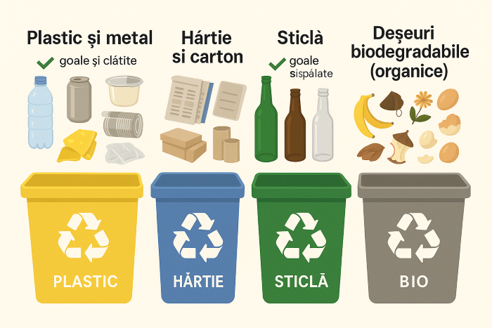 Imagine cu pubele inscriptionate pentru reciclare selectiva: plastic, hartie, sticla si biodegradabile
