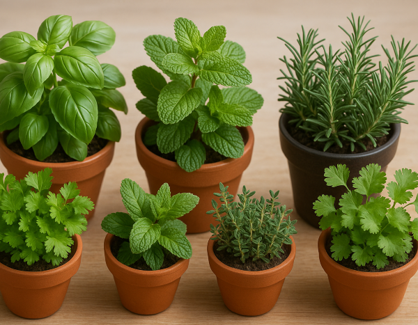 plante aromatice in ghivece de teracota: busuioc, rozmarin, patrunjel, oregano