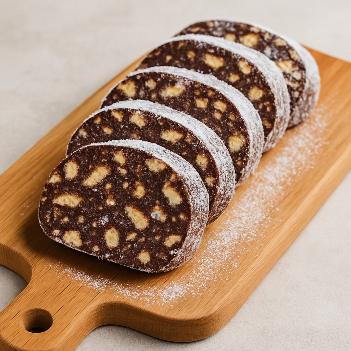 Salam de biscuiți – felii de salam de biscuiți pe un platou de lemn, pudrate cu zahăr.