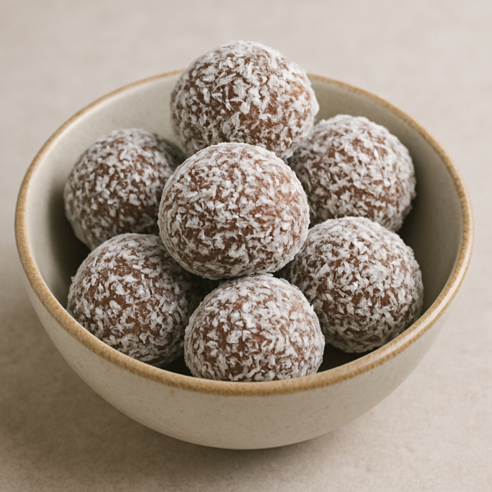 bomboanele raw-vegan cu nuci și curmale – biluțe tăvălite prin fulgi de cocos, într-un bol mic din ceramică.