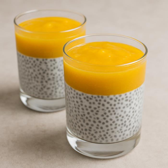 budinca de chia cu lapte de cocos și mango – servită în pahare transparente, cu strat de mango deasupra.