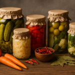 borcane cu legume conservate, pe o masa, alaturi de alte legume pregatite pentru conservare