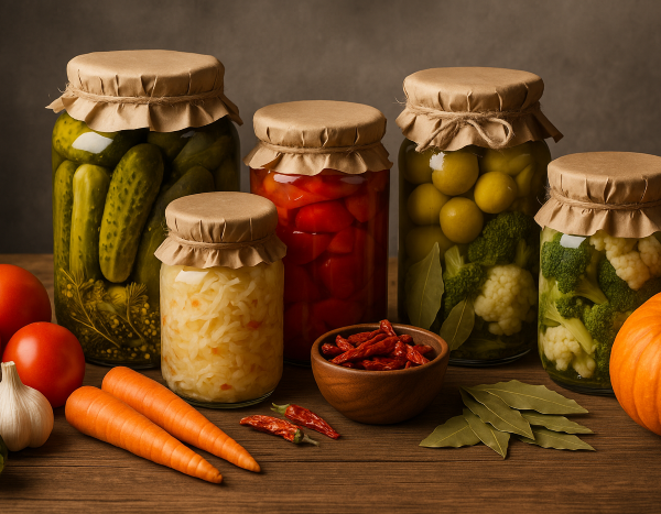 borcane cu legume conservate, pe o masa, alaturi de alte legume pregatite pentru conservare