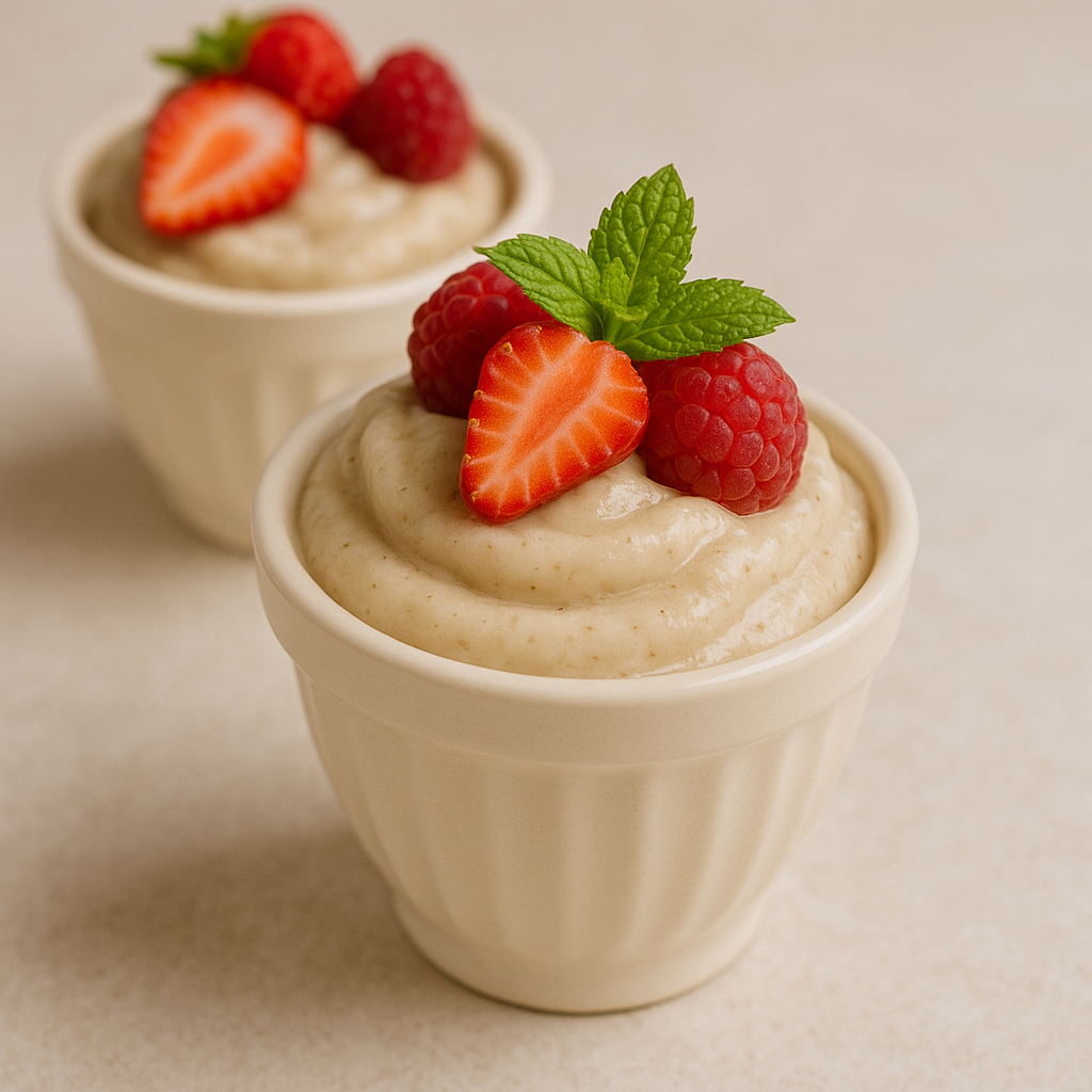 înghețata rapidă din banane (nice cream) – în cupe, cu fructe proaspete deasupra și frunze de mentă.