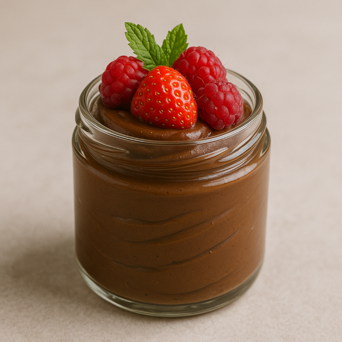 mousse-ul de avocado cu cacao, servit în borcănel, cu topping de fructe roșii.