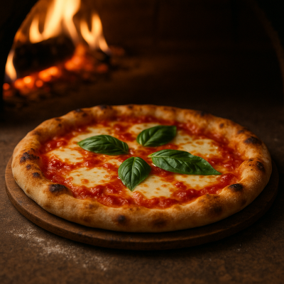Pizza artizanală cu blat crocant și margini aerate, coaptă la temperatură înaltă.