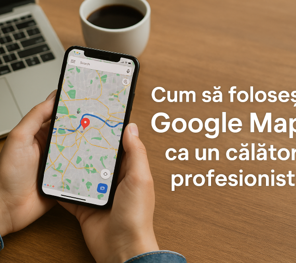 Persoana tinand in mana un telefon cu google maps instalat pe el si ruta destinatiei afisata pe ecran