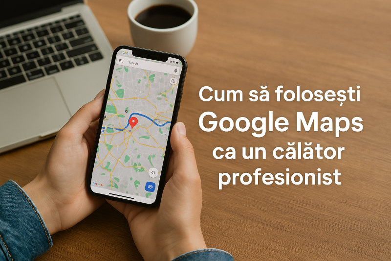 Persoana tinand in mana un telefon cu google maps instalat pe el si ruta destinatiei afisata pe ecran