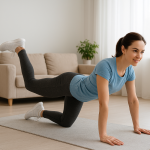 femeie pozitionata pe o saltea de yoga, facand exercitii cu propria greutate a corpului