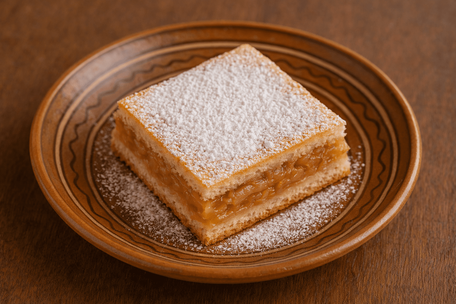 Porție de plăcintă cu mere pudrată cu zahăr, pe o farfurie rustică.