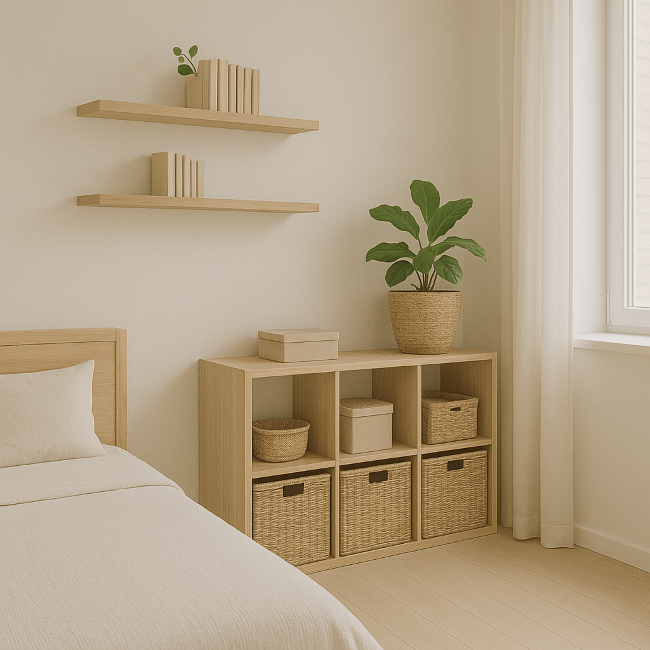 cutii si cosuri de depozitare ascunse in mobilier, impreuna cu rafturi suspendate