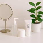 Rutina minimalistă de beauty cu produse esențiale pe masă albă, lângă oglindă și plantă.