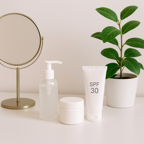 Rutina minimalistă de beauty cu produse esențiale pe masă albă, lângă oglindă și plantă.
