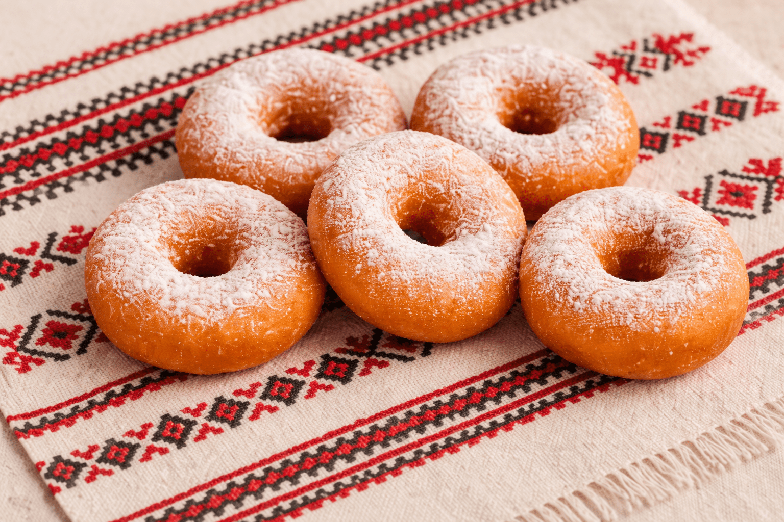 Gogoși pudrate cu zahăr pe un șervet tradițional.