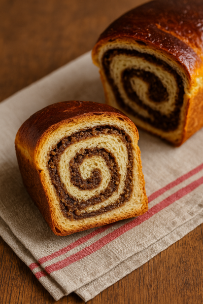 O felie de cozonac pufos cu spirale de nucă și cacao, pe un șervet rustic.