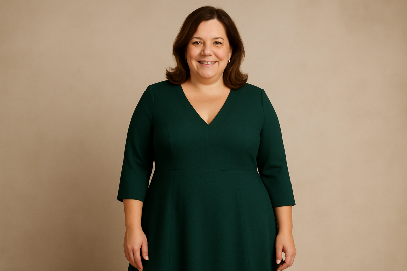 imagine cu o femeie plinuta, care poarta o rochie verde tip A-line