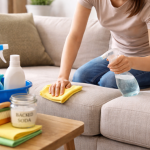 Curățare canapea textilea într-o cameră luminoasă