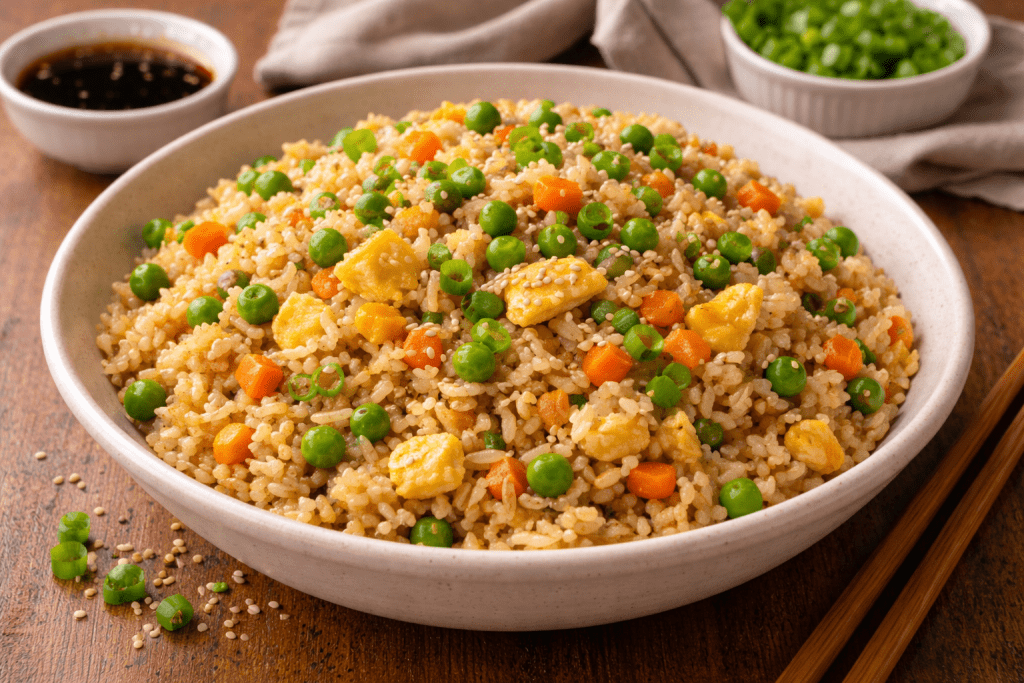 Orez prăjit cu legume și ceapă verde