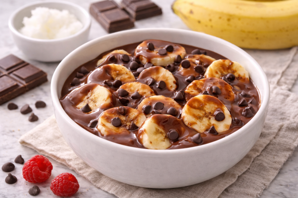Banană cu ciocolată topită și chipsuri