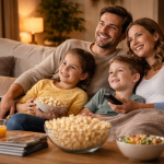 Familie fericită în fața televizorului uitandu-se la filme de familie
