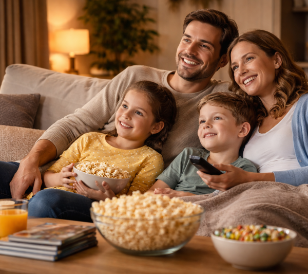 Familie fericită în fața televizorului uitandu-se la filme de familie
