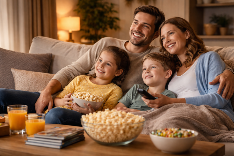 Familie fericită în fața televizorului uitandu-se la filme de familie