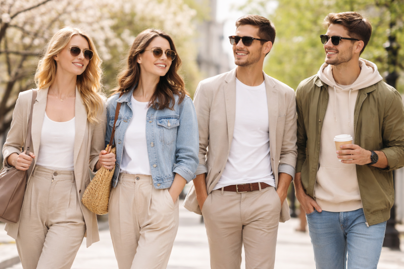 Patru prieteni pe străzile orașului primăvara