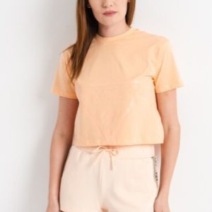 Tricou crop cu imprimeu logo pentru fitness, Portocaliu pal