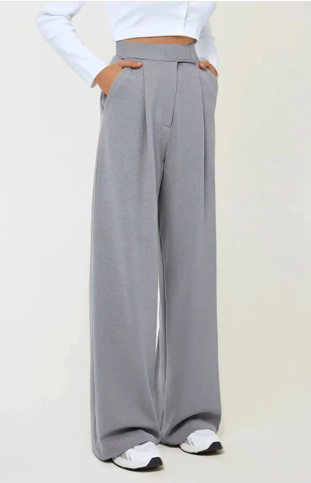 Pantaloni dama, Palazzo, textil, talie inalta, picioare largi, gri, crep elastic