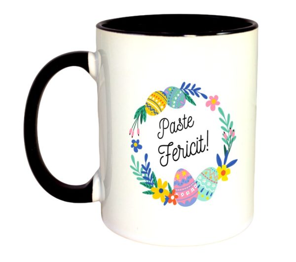 Cana personalizata cu interior colorat, negru, Paste fericit!