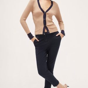 Cardigan tricotat fin cu decolteu in V, Negru/Bej