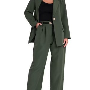 Costum pentru femei, pantaloni largi, verde, material poliester