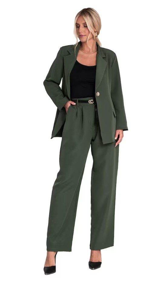 Costum pentru femei, pantaloni largi, verde, material poliester