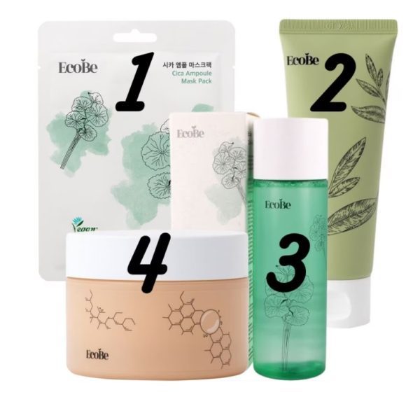 EcoBe Cica Calm Ritual– Pachet rutina coreeana anti-iritatii, ten sensibil, curatare, toner, masca si crema