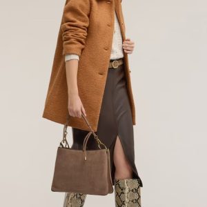 Fusta midi din piele ecologica cu slit lateral, Maro inchis