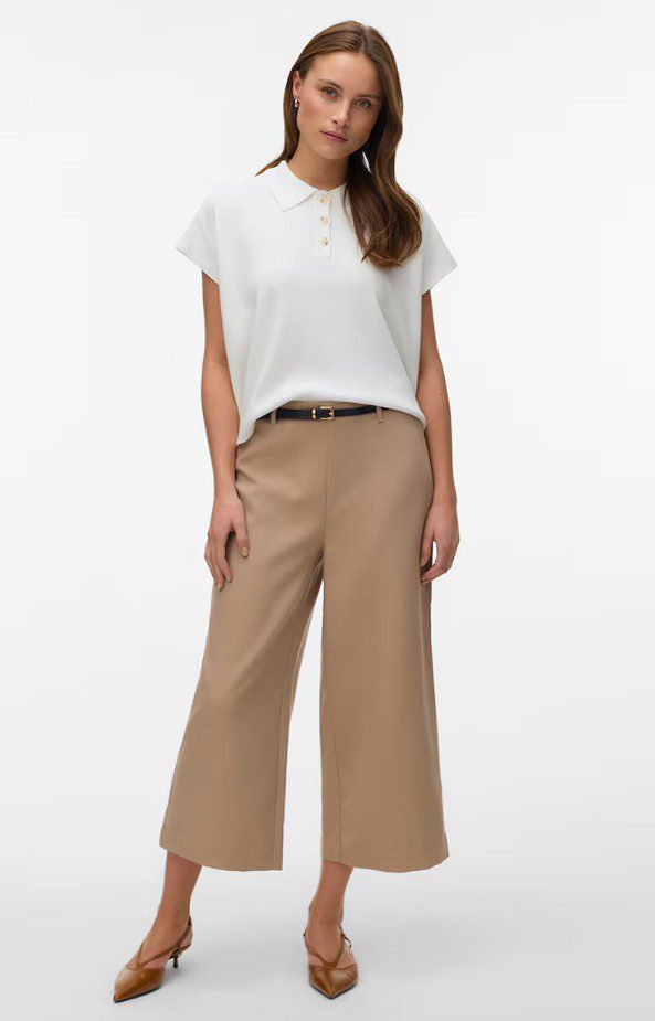 Pantaloni culotte capri cu croiala ampla, Maro nisip