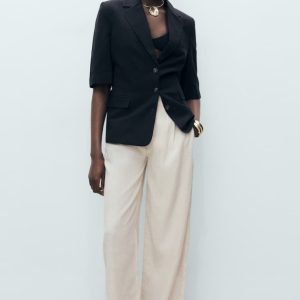 Pantaloni din amestec de in cu croiala ampla, Alb fildes