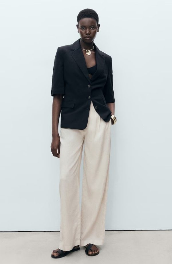 Pantaloni din amestec de in cu croiala ampla, Alb fildes