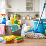 Produse de curățenie ordonate pe blatul de lemn