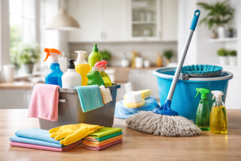 Produse de curățenie ordonate pe blatul de lemn