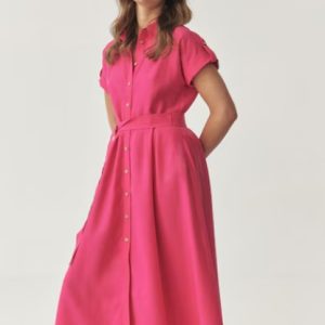 Rochie din amestec de lyocell si cordon in talie, Roz pastel