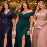 Trei femei in Rochii de seară pentru femei plinuțe și scunde într-o grădină de lux