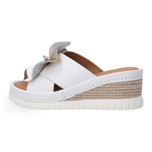 Papuci din piele cu talpa wedge si aplicatie florala
