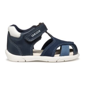 Sandale de piele ecologica si material textil - Alb/Bleumarin