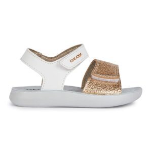 Sandale din piele ecologica cu inchidere velcro - Alb/Auriu rose