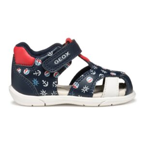Sandale fisherman cu velcro si imprimeu - Rosu/Bleumarin